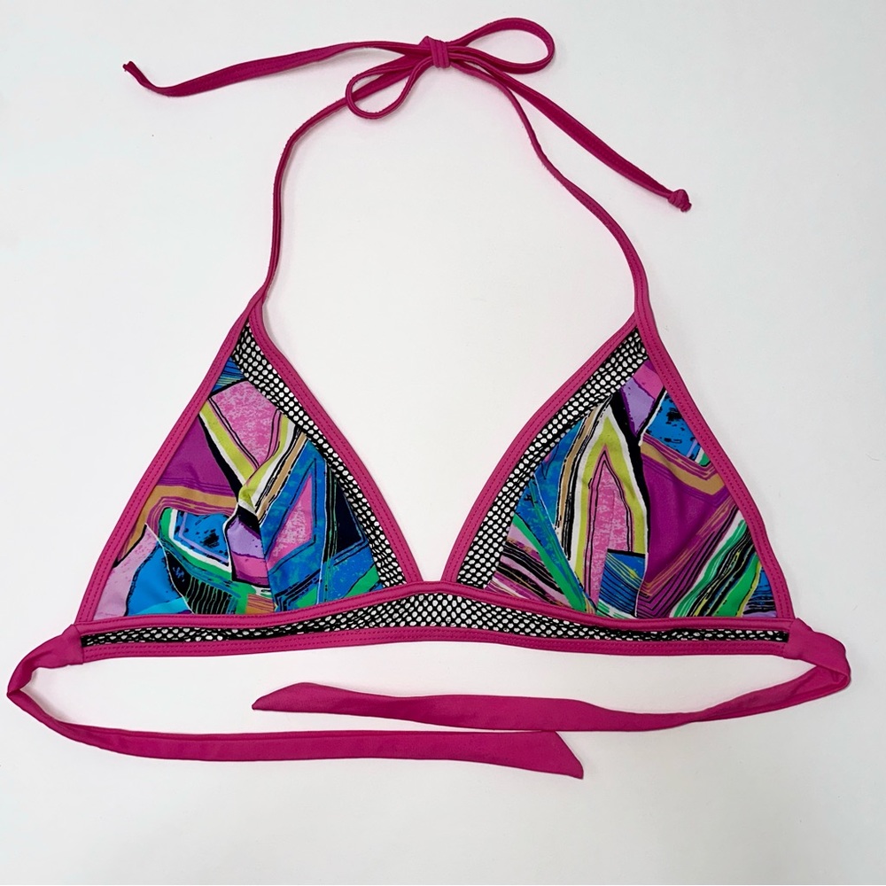 Triangle string bikini top in fuchsia/multicolor with black mesh details.